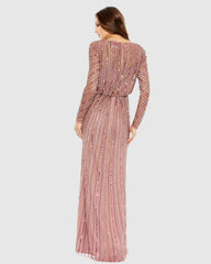 Evening Gowns | Women Mac Duggal Sequined V Neck Long Sleeve Column Gown Rosewood