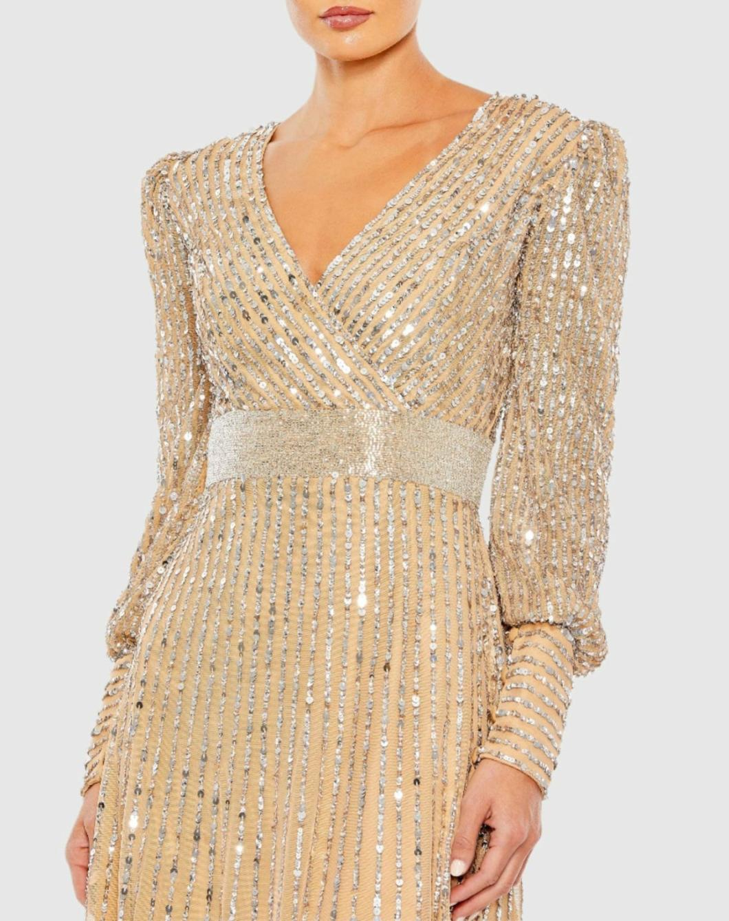 Evening Gowns | Women Mac Duggal Sequined Wrap Over Bishop Sleeve Dress Vanilla Silver