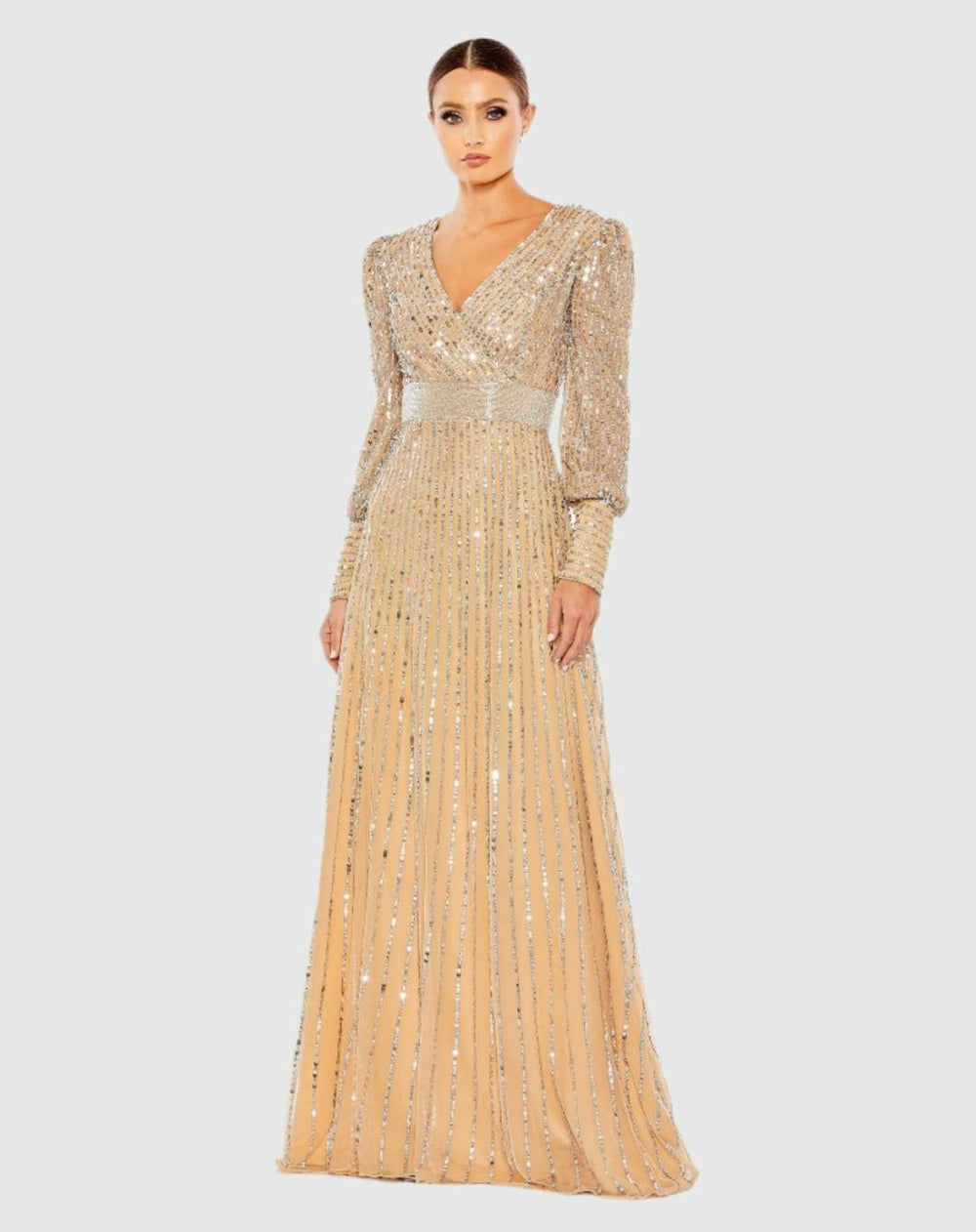 Evening Gowns | Women Mac Duggal Sequined Wrap Over Bishop Sleeve Dress Vanilla Silver
