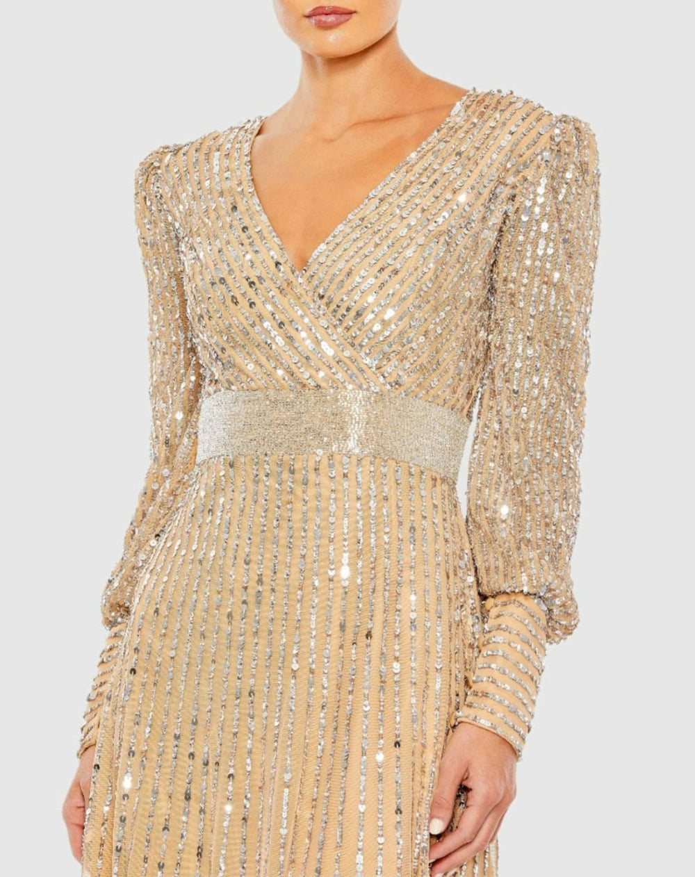 Evening Gowns | Women Mac Duggal Sequined Wrap Over Bishop Sleeve Dress Vanilla Silver
