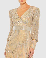 Evening Gowns | Women Mac Duggal Sequined Wrap Over Bishop Sleeve Dress Vanilla Silver