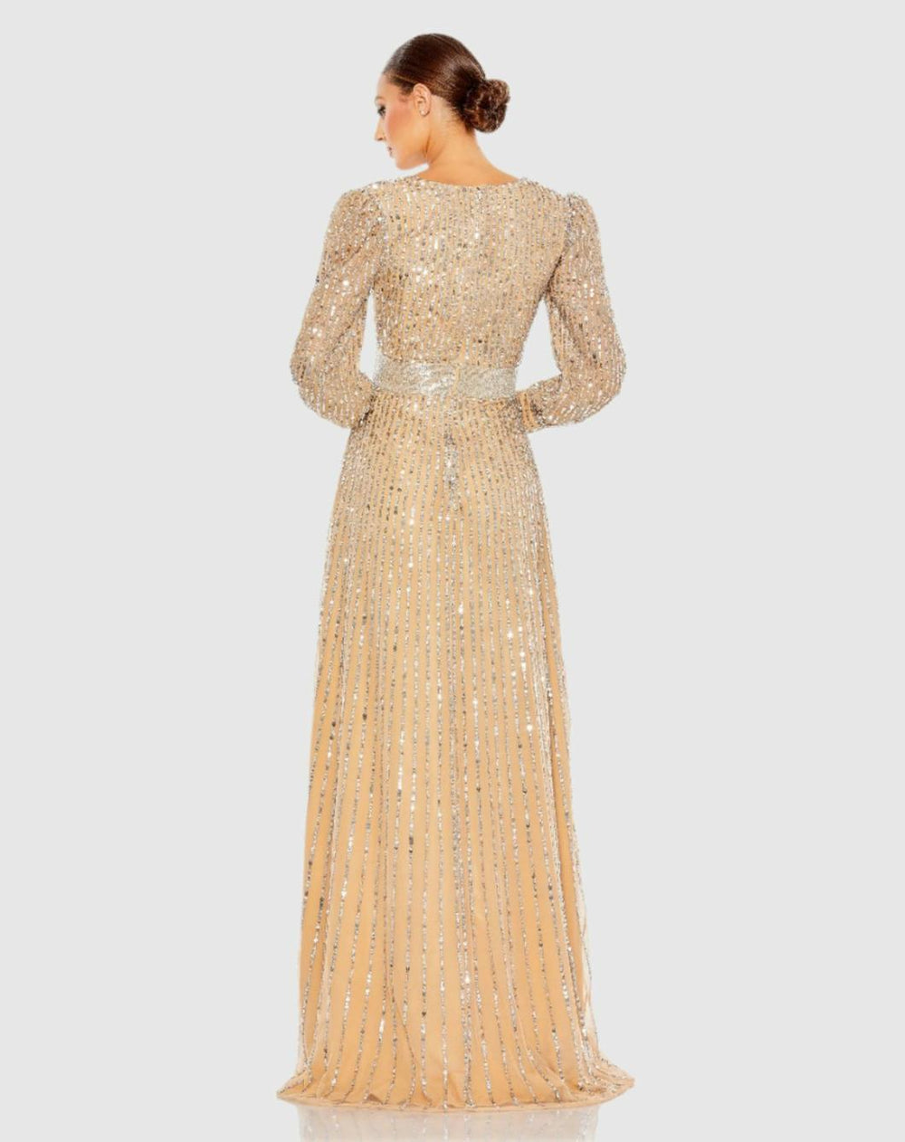 Evening Gowns | Women Mac Duggal Sequined Wrap Over Bishop Sleeve Dress Vanilla Silver