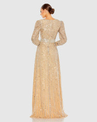 Evening Gowns | Women Mac Duggal Sequined Wrap Over Bishop Sleeve Dress Vanilla Silver