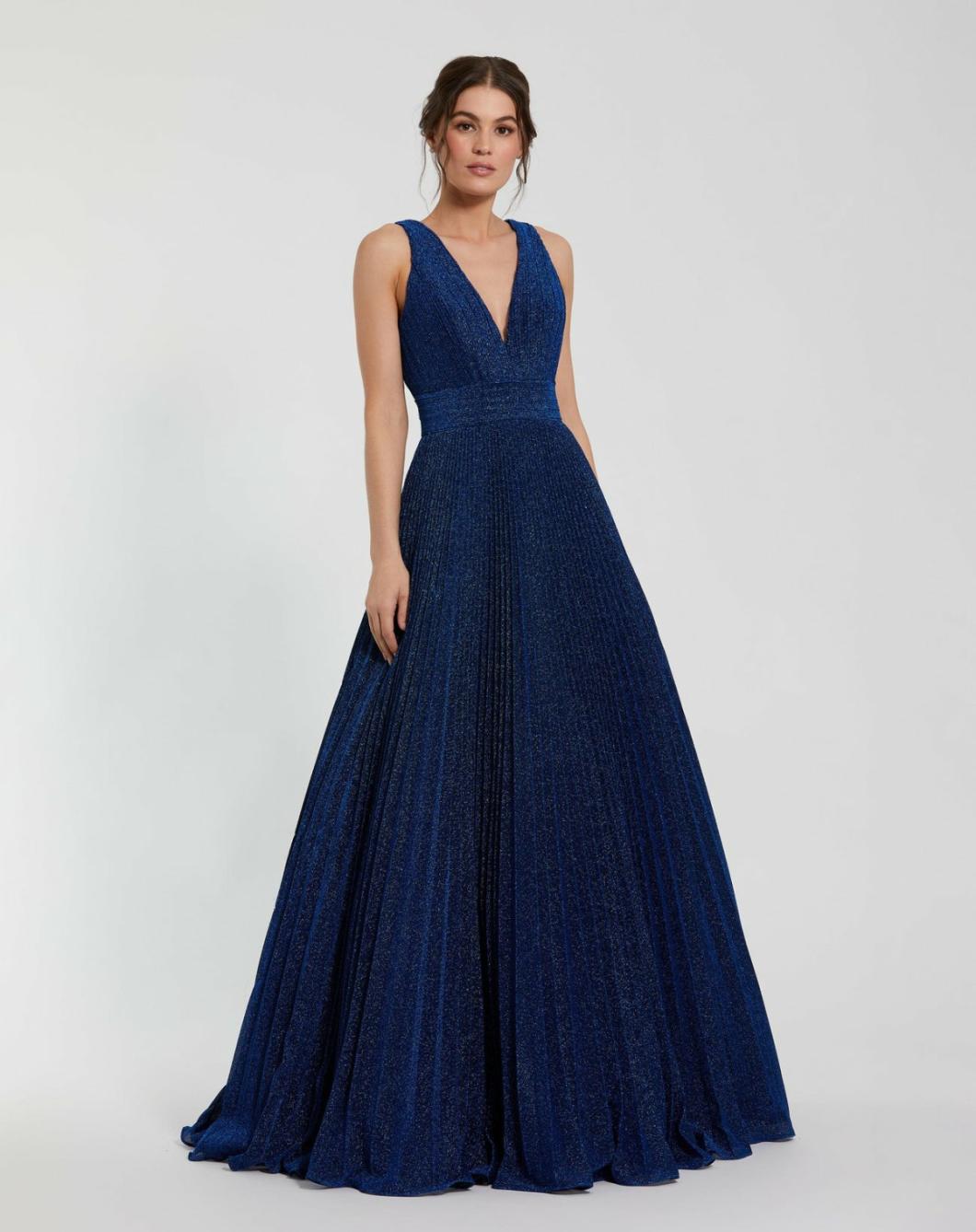 Evening Gowns | Women Mac Duggal Shimmering Georgette Pleated Sleeveless Gown Royal