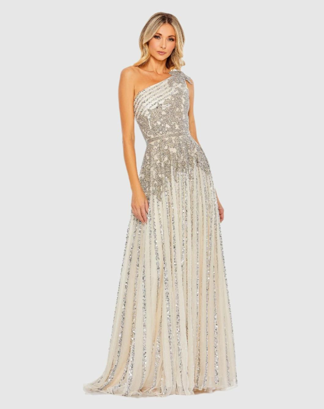 Evening Gowns | Women Mac Duggal Silver Beaded Embellished One Shoulder A Line Gown Silver Nude
