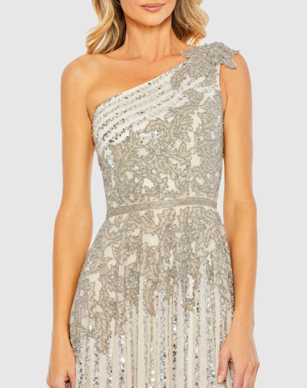 Evening Gowns | Women Mac Duggal Silver Beaded Embellished One Shoulder A Line Gown Silver Nude