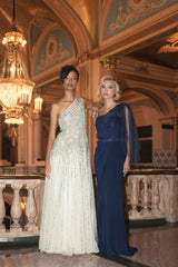 Evening Gowns | Women Mac Duggal Silver Beaded Embellished One Shoulder A Line Gown Silver Nude