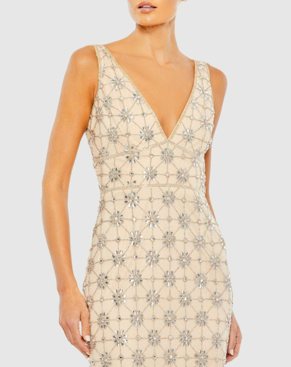Evening Gowns | Women Mac Duggal Sleeveless Hand Beaded V-Neck Gown Nude Silver