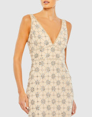 Evening Gowns | Women Mac Duggal Sleeveless Hand Beaded V-Neck Gown Nude Silver