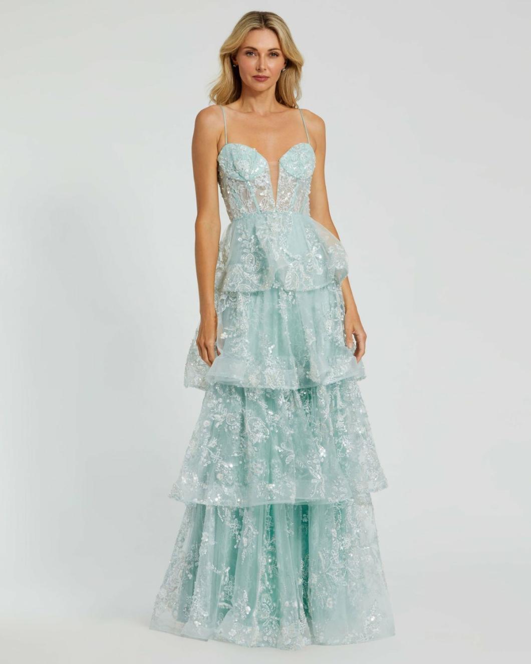 Evening Gowns | Women Mac Duggal Spaghetti Strap Applique Tiered Ruffle Gown Mint