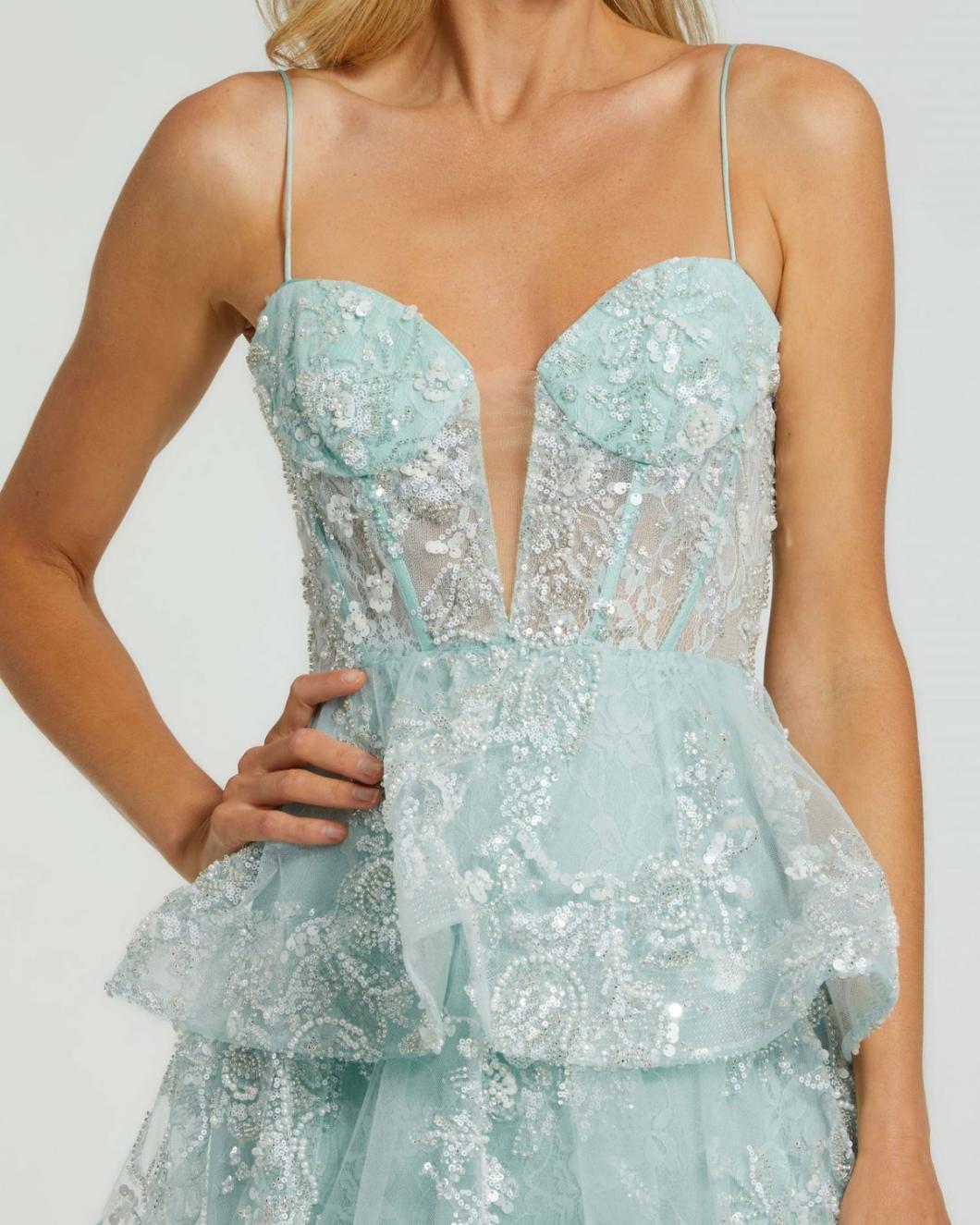 Evening Gowns | Women Mac Duggal Spaghetti Strap Applique Tiered Ruffle Gown Mint