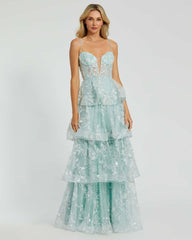 Evening Gowns | Women Mac Duggal Spaghetti Strap Applique Tiered Ruffle Gown Mint