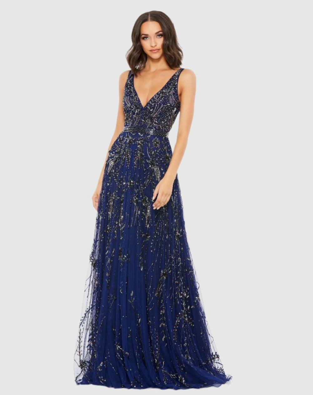 Evening Gowns | Women Mac Duggal V-Neck Embellished Tulle Gown Midnight