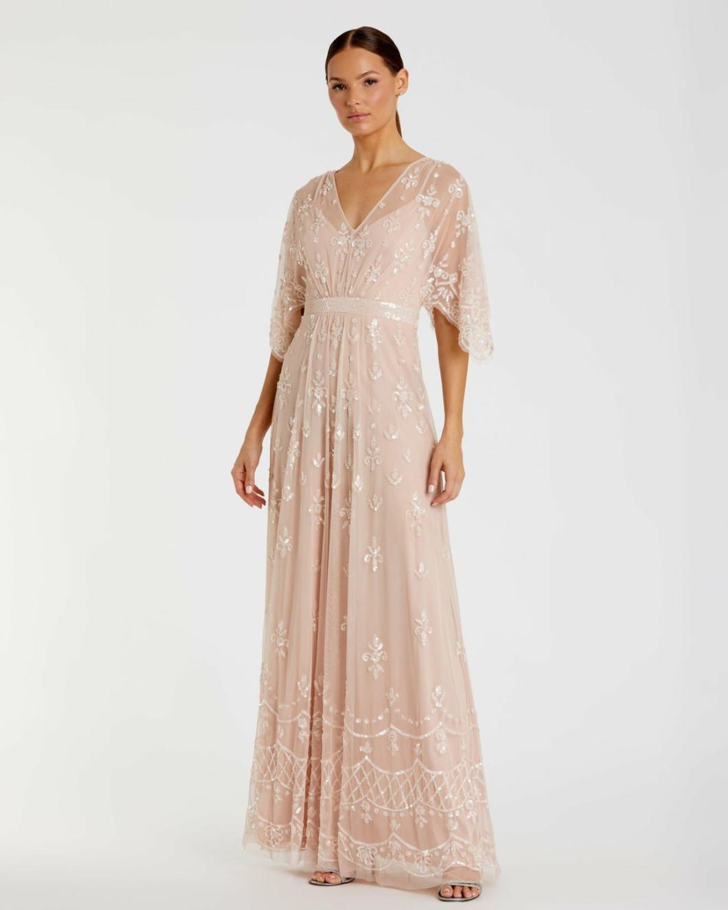 Evening Gowns | Women Mac Duggal V Neck Flounce Sleeve Embellished Mesh Gown Blush