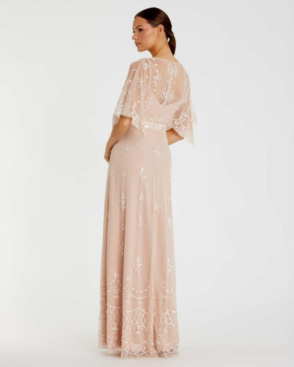 Evening Gowns | Women Mac Duggal V Neck Flounce Sleeve Embellished Mesh Gown Blush