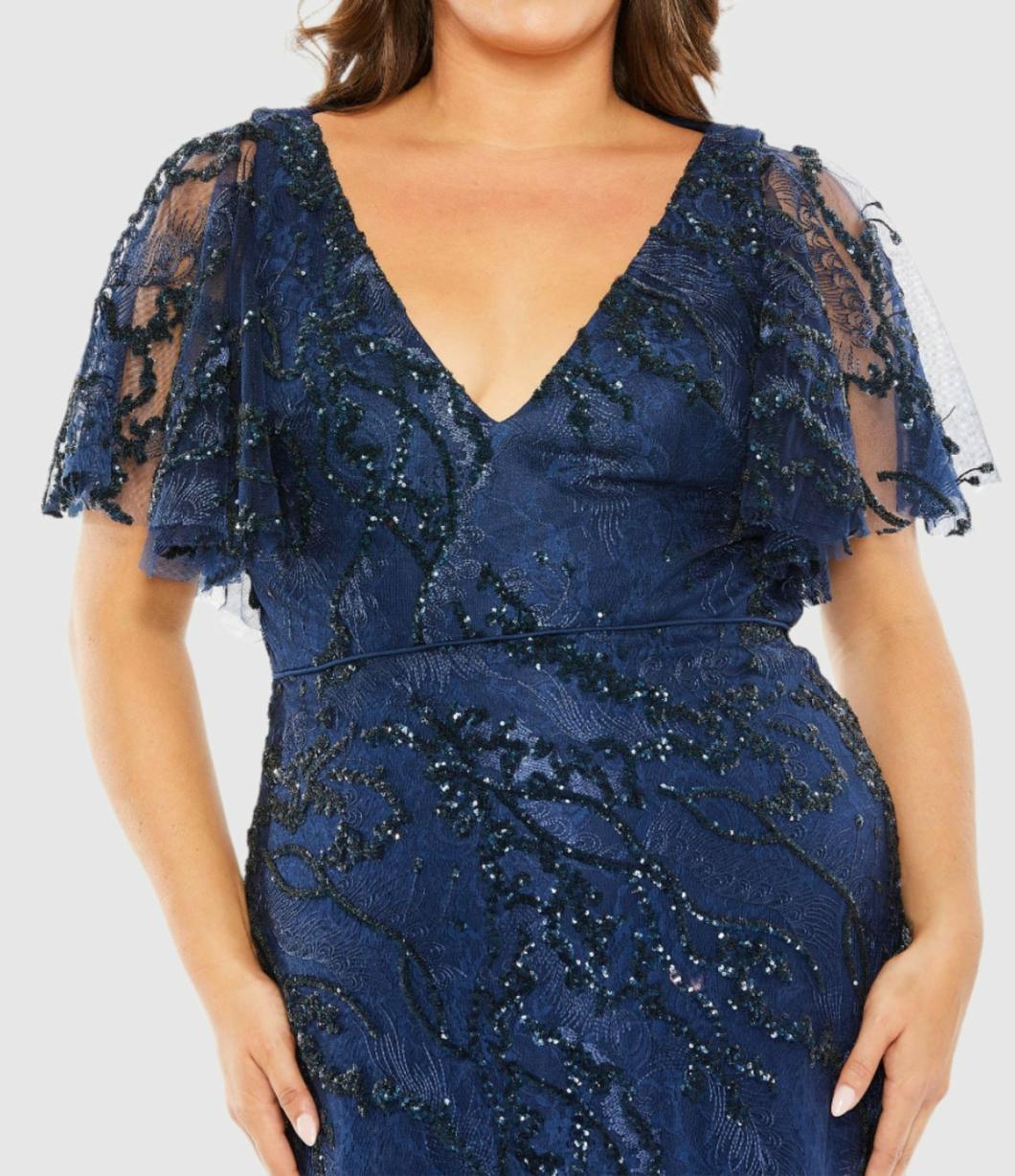 Evening Gowns | Women Mac Duggal V Neck Flutter Sleeve Embellished Gown (Plus) Midnight