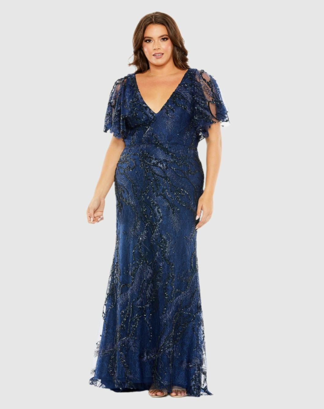 Evening Gowns | Women Mac Duggal V Neck Flutter Sleeve Embellished Gown (Plus) Midnight