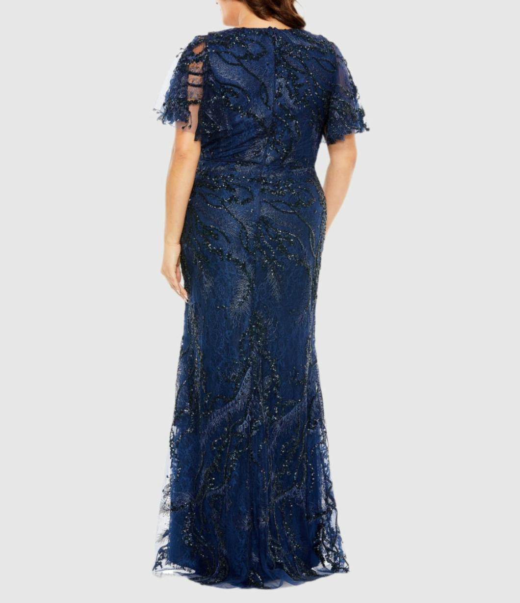 Evening Gowns | Women Mac Duggal V Neck Flutter Sleeve Embellished Gown (Plus) Midnight