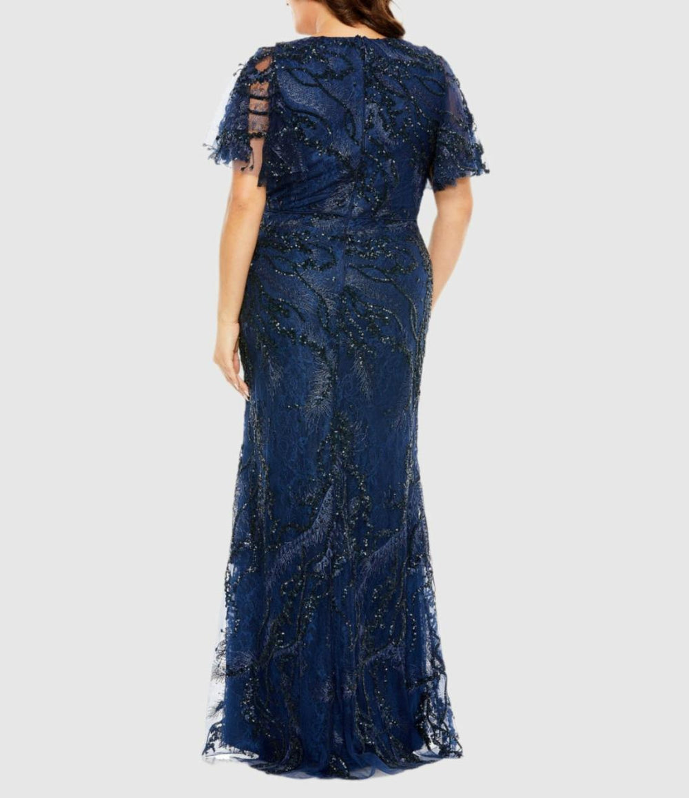 Evening Gowns | Women Mac Duggal V Neck Flutter Sleeve Embellished Gown (Plus) Midnight