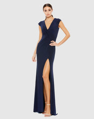 Evening Gowns | Women Mac Duggal V-Neck Ruched Jersey Gown Navy