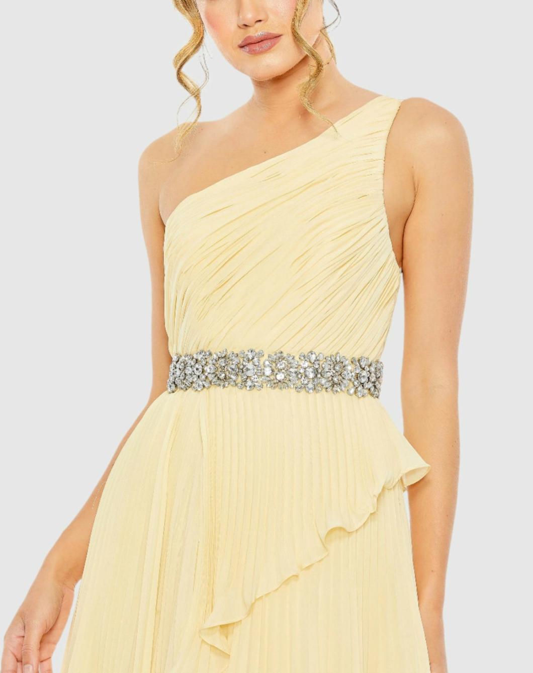 Evening Gowns | Women Mac Duggal Yellow Pleated One Shoulder Asymmetrical Ruffle Hem Gown Butter