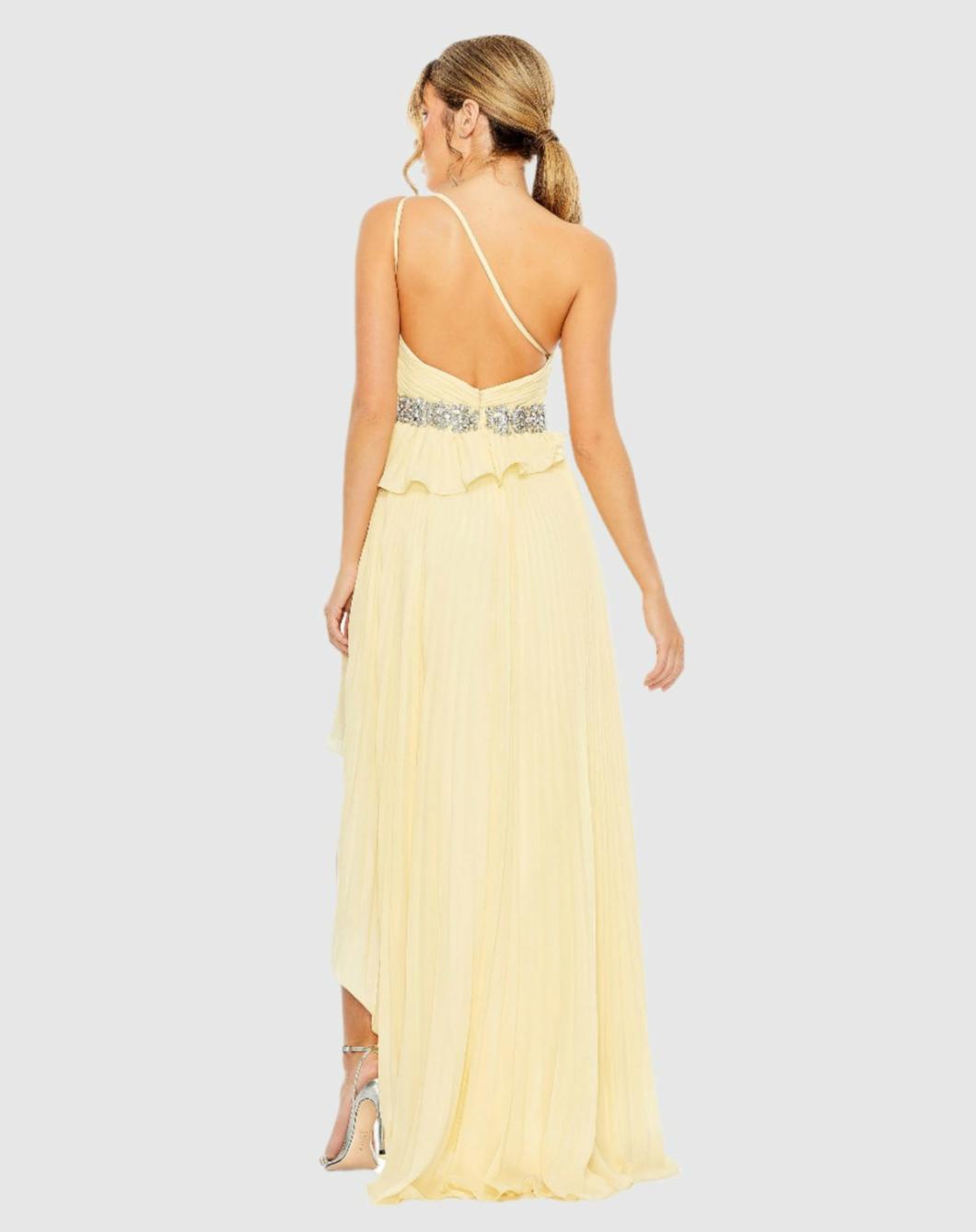 Evening Gowns | Women Mac Duggal Yellow Pleated One Shoulder Asymmetrical Ruffle Hem Gown Butter