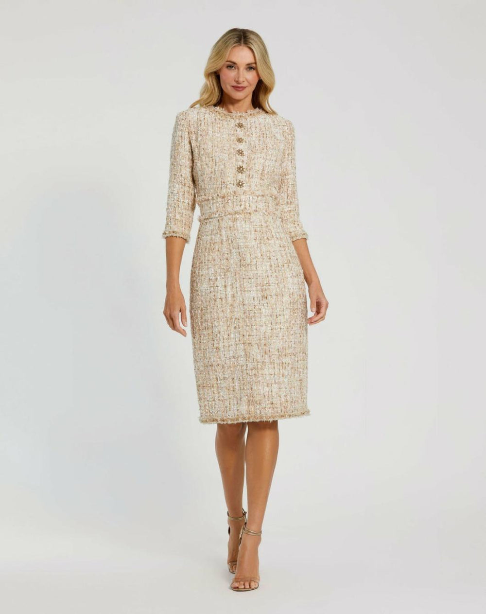 Every Day Dresses | Women Mac Duggal 3/4 Sleeve Beaded Trim Patch Pocket Tweed Midi Dress Blush