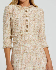 Every Day Dresses | Women Mac Duggal 3/4 Sleeve Beaded Trim Patch Pocket Tweed Midi Dress Blush