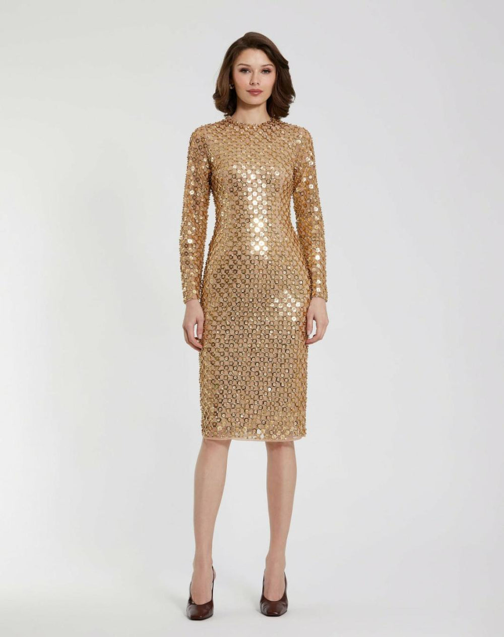 Every Day Dresses | Women Mac Duggal Beaded Georgette Long Sleeve Fitted Midi Dress Antique Gold