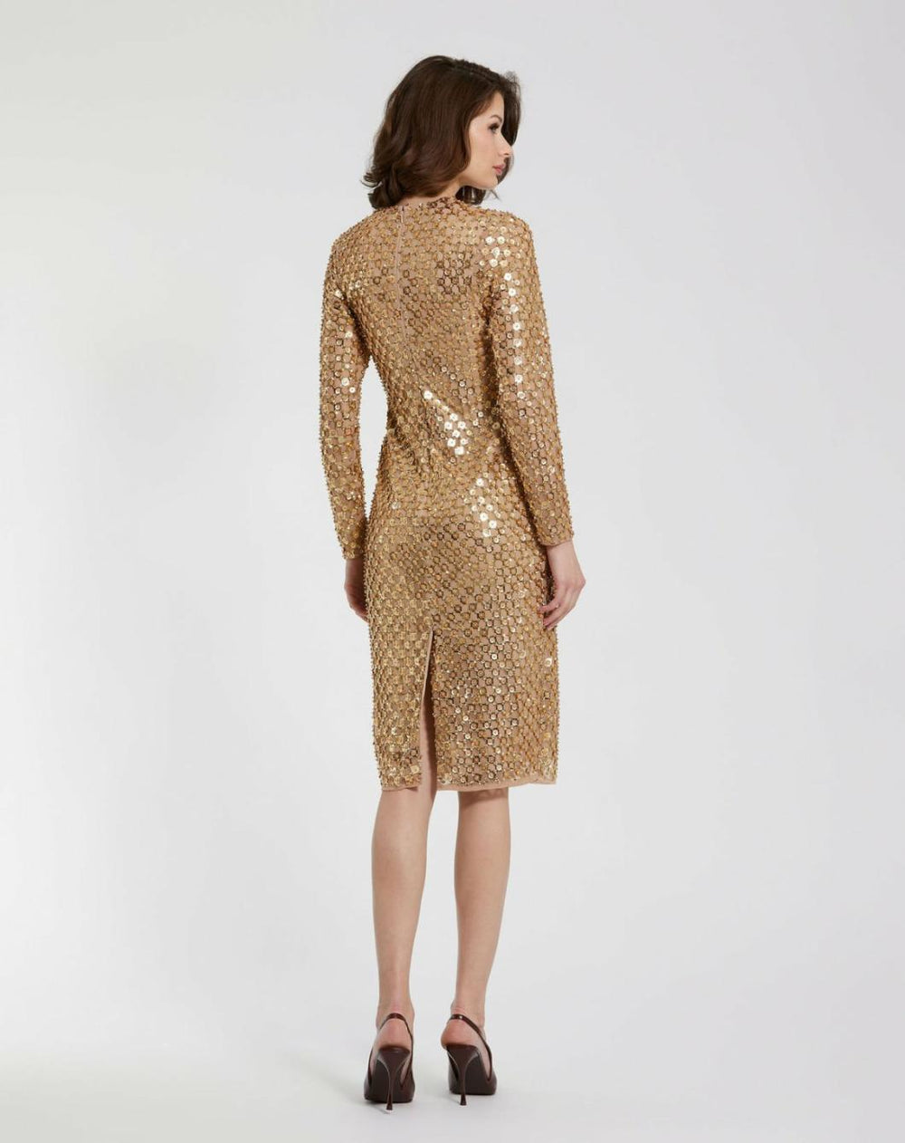 Every Day Dresses | Women Mac Duggal Beaded Georgette Long Sleeve Fitted Midi Dress Antique Gold