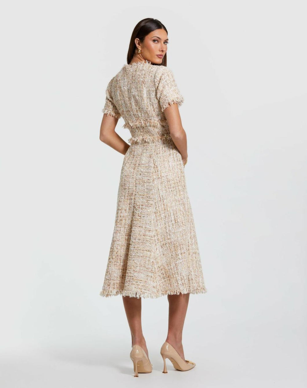 Every Day Dresses | Women Mac Duggal Boucle Short Sleeve A Line Midi Dress Blush