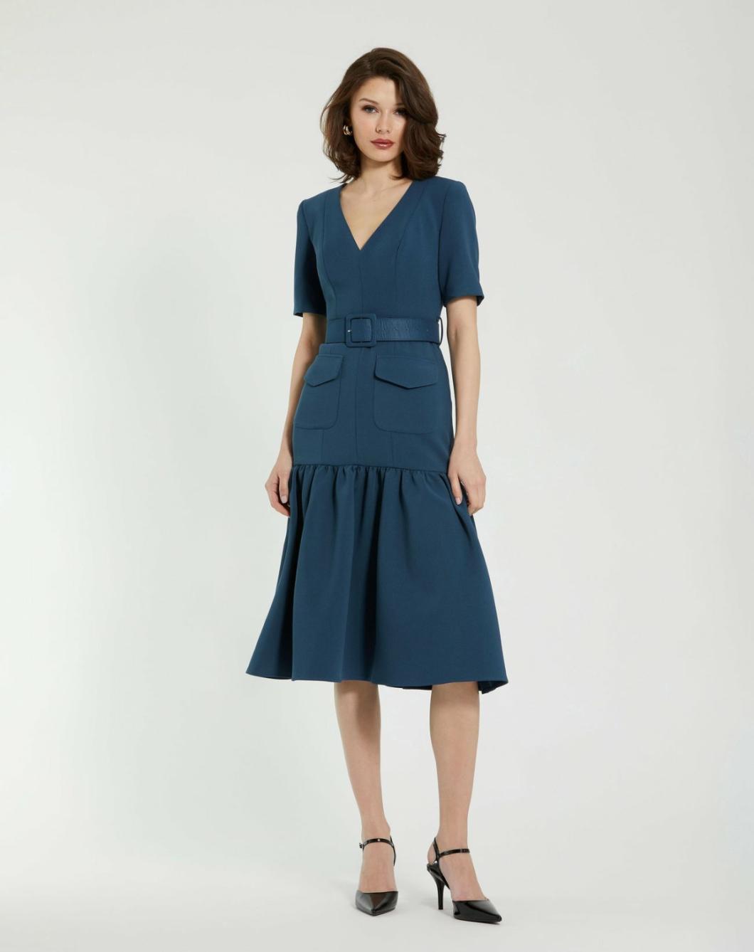 Every Day Dresses | Women Mac Duggal Crepe 3/4 Sleeve Midi Dress With Belt And Pockets Deep Blue