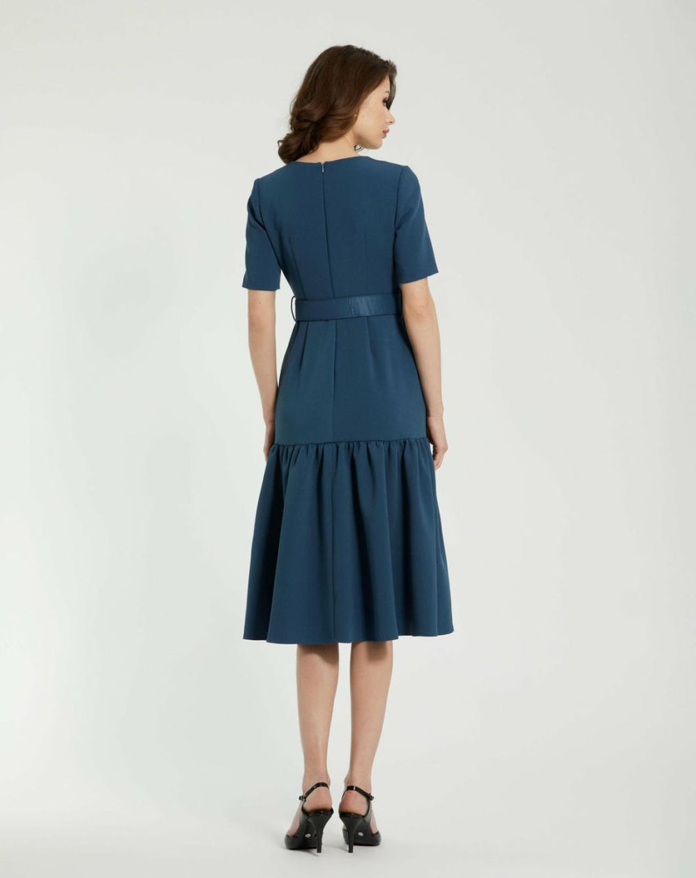 Every Day Dresses | Women Mac Duggal Crepe 3/4 Sleeve Midi Dress With Belt And Pockets Deep Blue