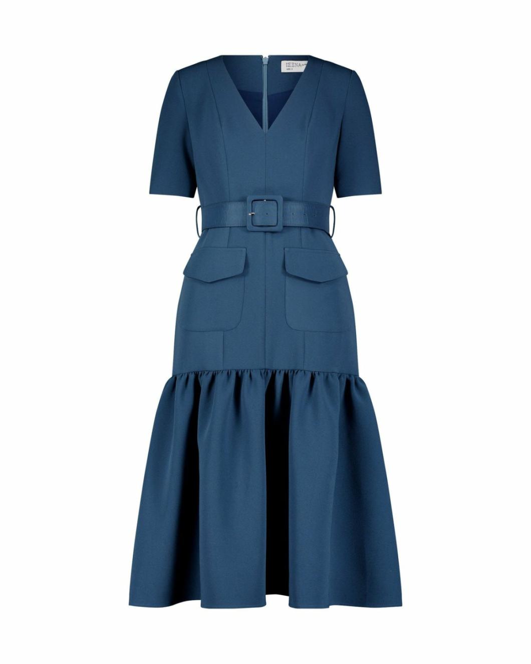 Every Day Dresses | Women Mac Duggal Crepe 3/4 Sleeve Midi Dress With Belt And Pockets Deep Blue