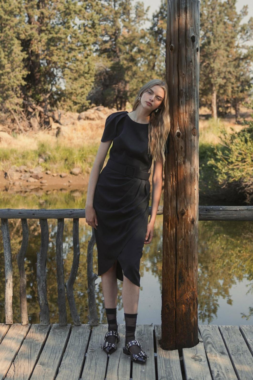 Every Day Dresses | Women Mac Duggal Crepe Boat Neck Midi Tulip Dress With Belt Black