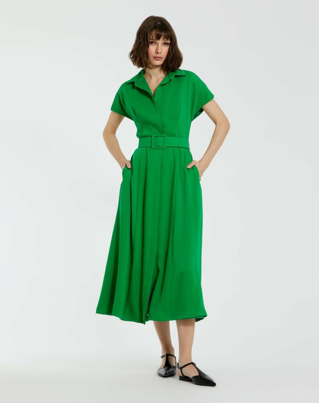 Every Day Dresses | Women Mac Duggal Crepe Collared Short Sleeve Midi Dress With Belt - FINAL SALE Spring Green