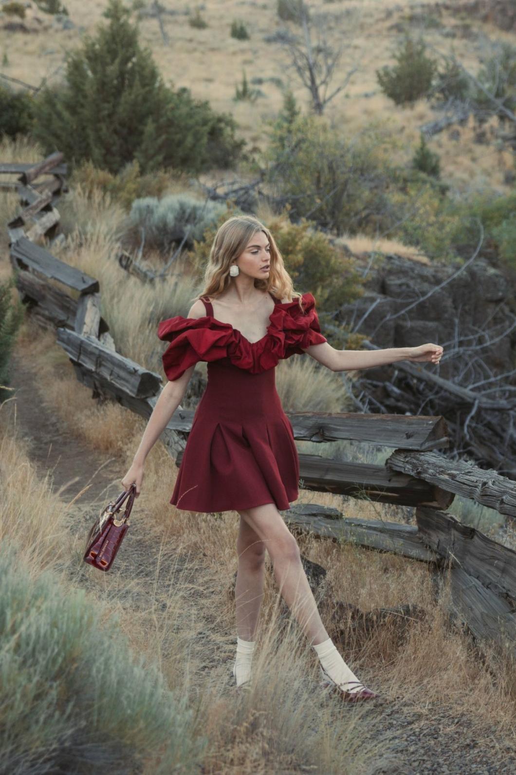 Every Day Dresses | Women Mac Duggal Crepe Godet Hem Mini Dress With Faille Ruffle Oxblood