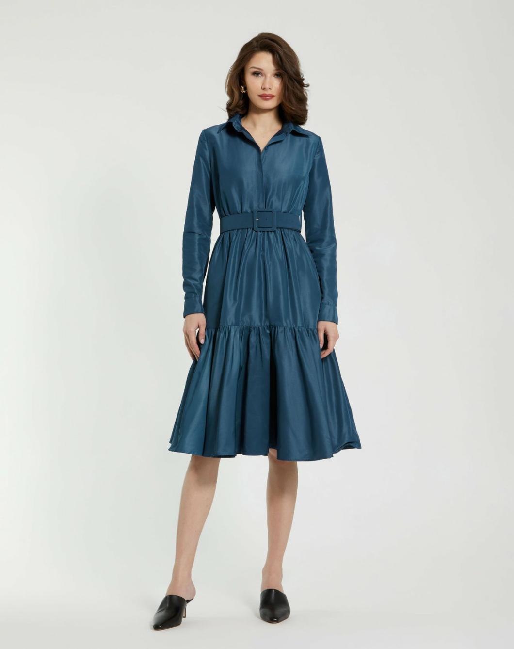 Every Day Dresses | Women Mac Duggal Faille Long Sleeve Collared Midi Dress With Belt Deep Blue