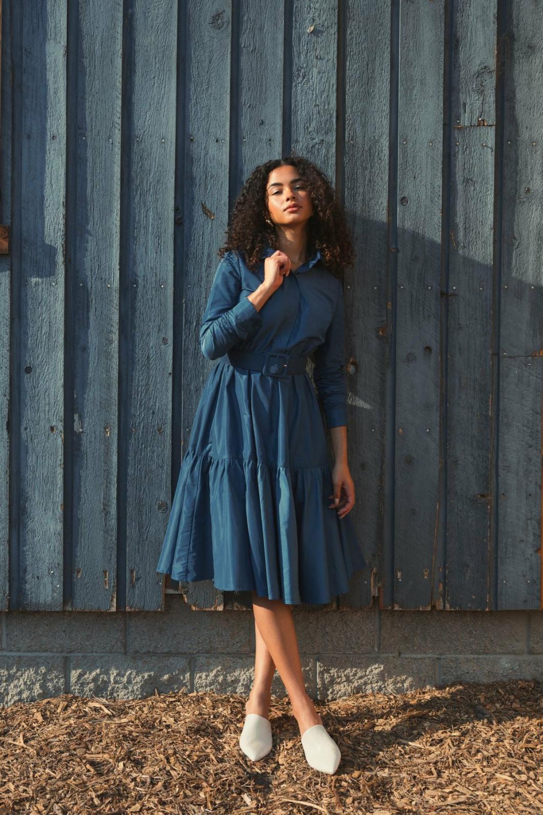 Every Day Dresses | Women Mac Duggal Faille Long Sleeve Collared Midi Dress With Belt Deep Blue