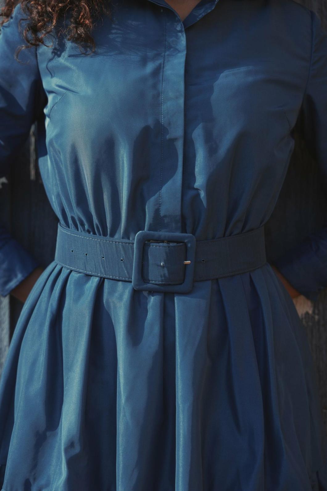 Every Day Dresses | Women Mac Duggal Faille Long Sleeve Collared Midi Dress With Belt Deep Blue