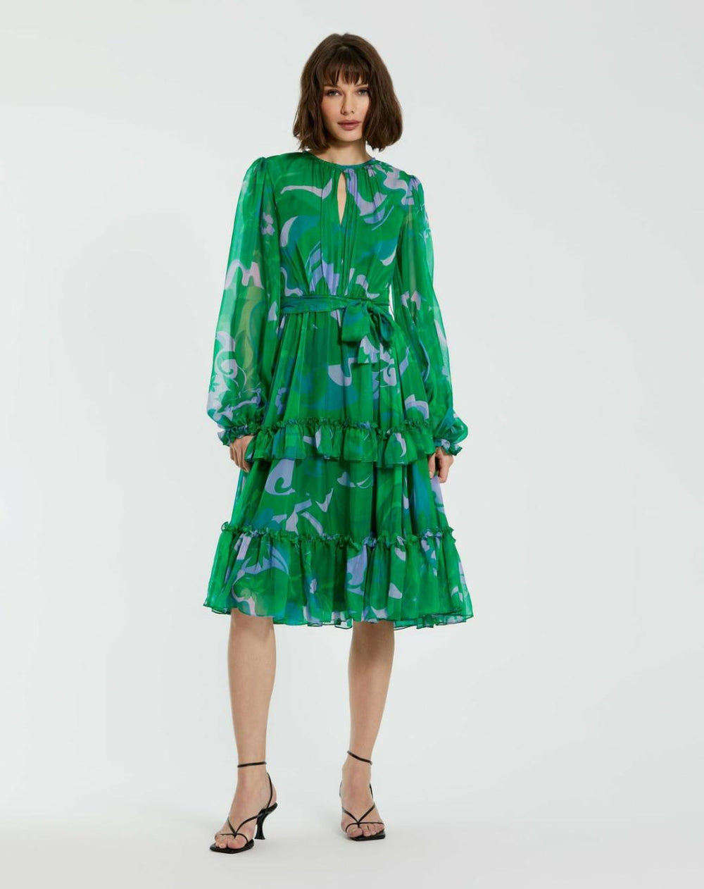 Every Day Dresses | Women Mac Duggal Green Printed Chiffon Bishop Sleeve Tie Waisted Ruffle Midi Dress Green Multi