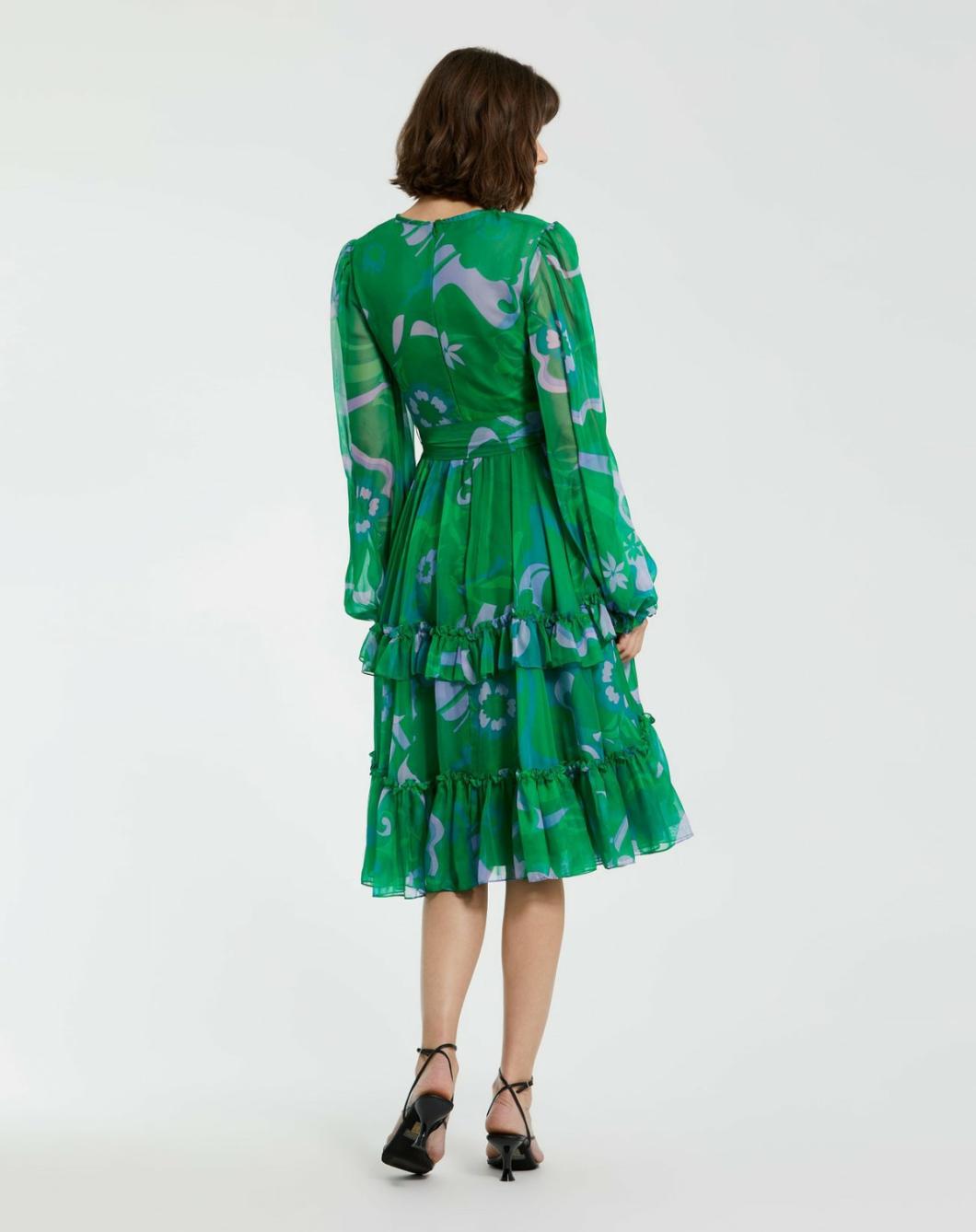 Every Day Dresses | Women Mac Duggal Green Printed Chiffon Bishop Sleeve Tie Waisted Ruffle Midi Dress Green Multi