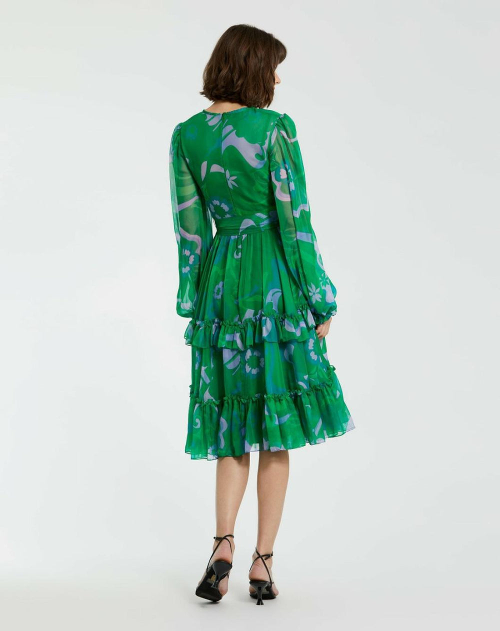 Every Day Dresses | Women Mac Duggal Green Printed Chiffon Bishop Sleeve Tie Waisted Ruffle Midi Dress Green Multi