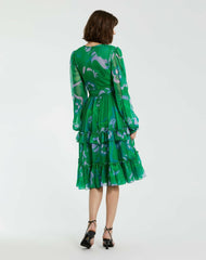 Every Day Dresses | Women Mac Duggal Green Printed Chiffon Bishop Sleeve Tie Waisted Ruffle Midi Dress Green Multi