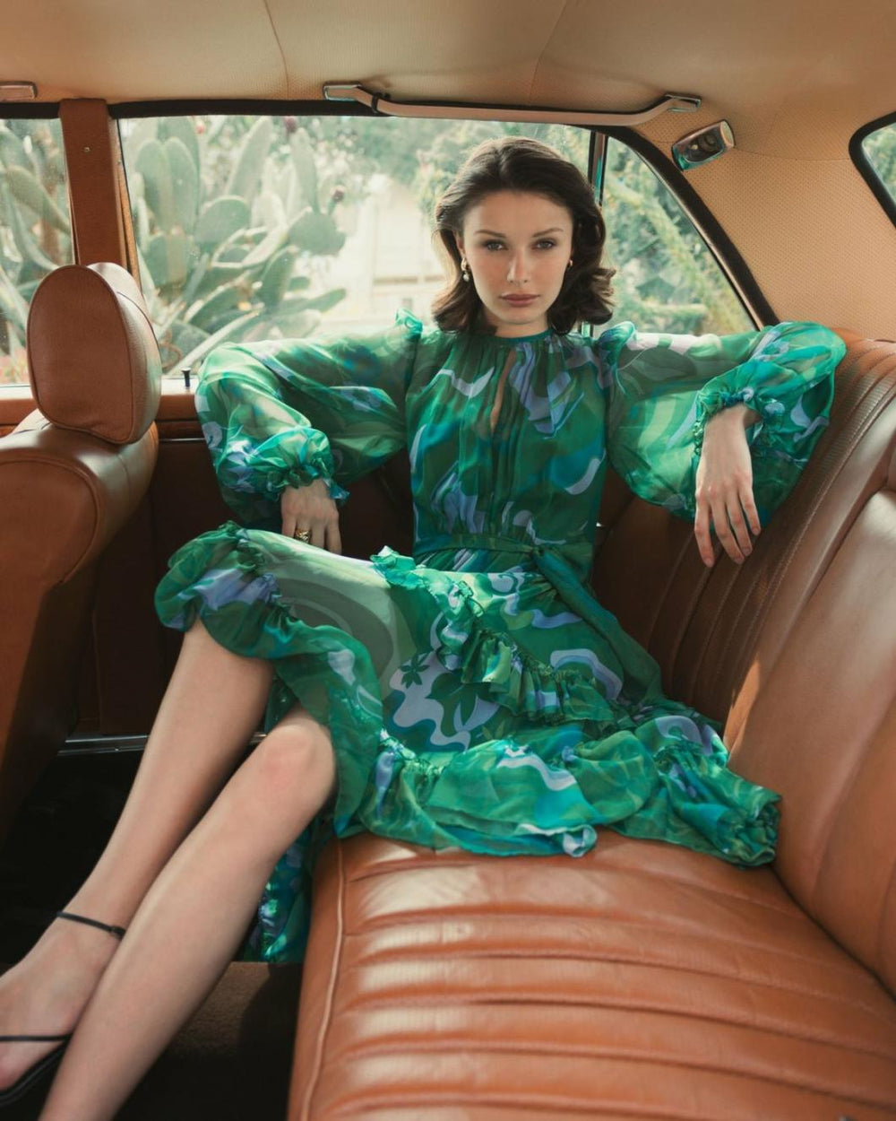 Every Day Dresses | Women Mac Duggal Green Printed Chiffon Bishop Sleeve Tie Waisted Ruffle Midi Dress Green Multi