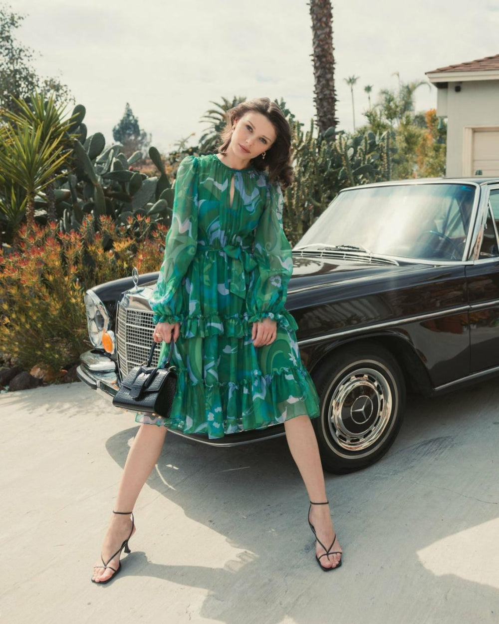 Every Day Dresses | Women Mac Duggal Green Printed Chiffon Bishop Sleeve Tie Waisted Ruffle Midi Dress Green Multi