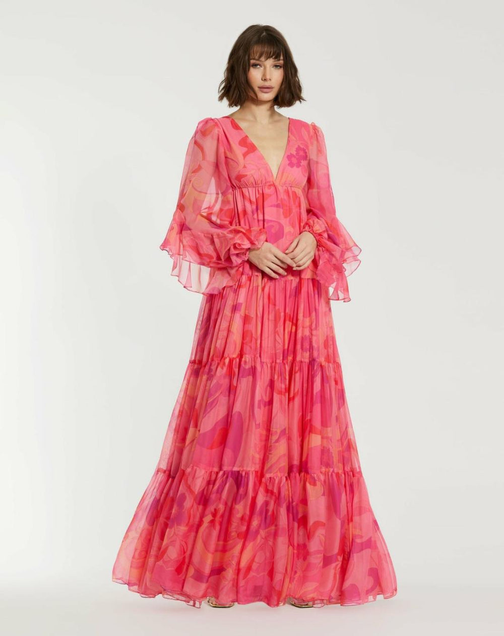 Every Day Dresses | Women Mac Duggal Hibiscus Printed Chiffon Ruffle Long Sleeve V Neck Maxi Dress Hibiscus Multi