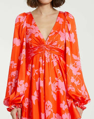 Every Day Dresses | Women Mac Duggal Printed Charmeuse Bishop Sleeve V Neck Mini Dress Sunset Multi