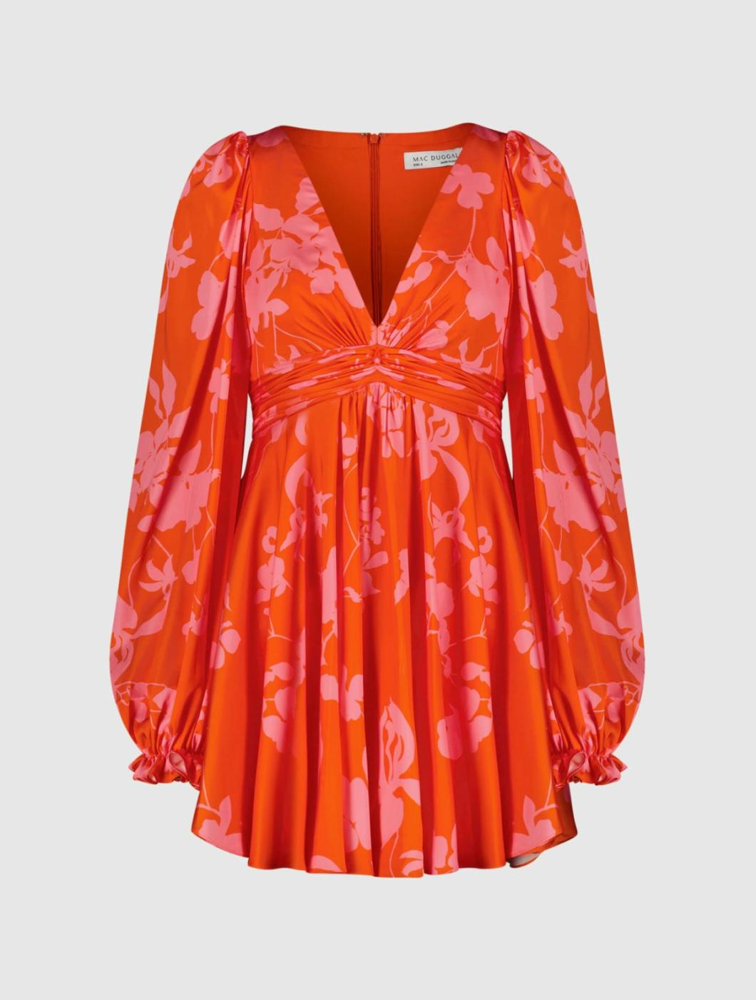 Every Day Dresses | Women Mac Duggal Printed Charmeuse Bishop Sleeve V Neck Mini Dress Sunset Multi