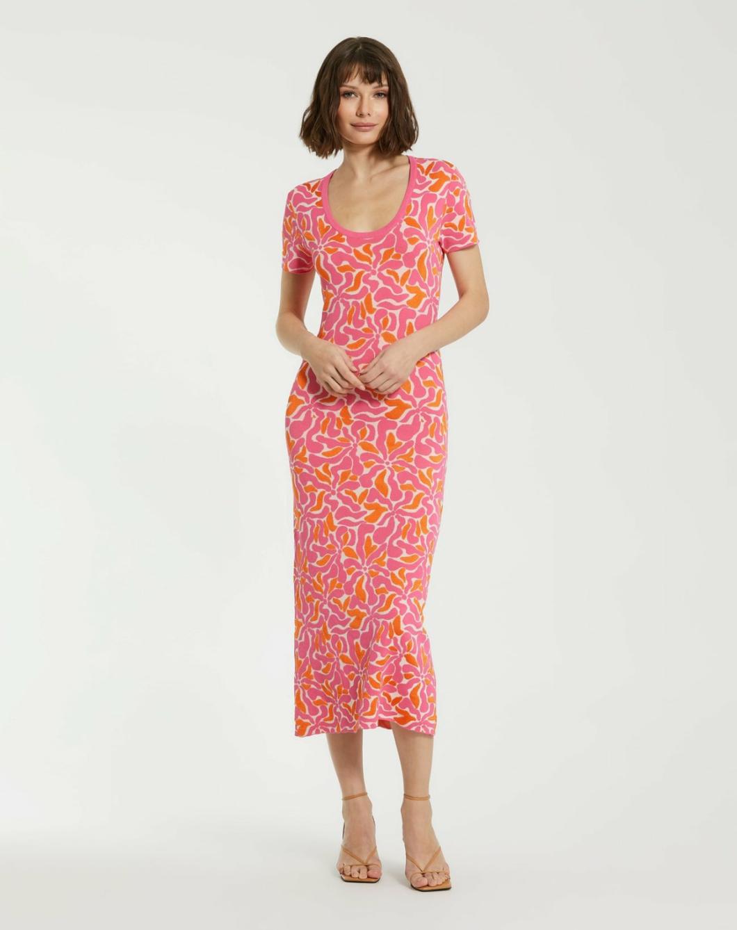 Every Day Dresses | Women Mac Duggal Short Sleeve Scoop Neck Floral Knit Maxi Dress - FINAL SALE Hot Pink Multi